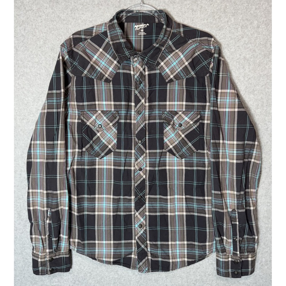 Arizona Jeans Shirt Mens 2XL Black Gray Plaid Western Pearl Snap Long Sleeve